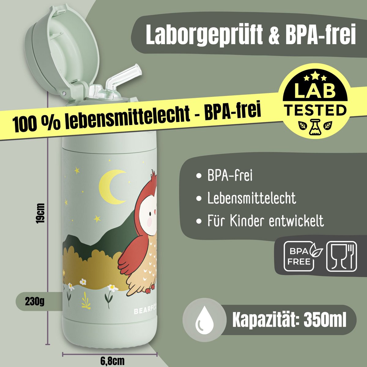 Thermo kinderdrinkfles RVS - uilgroen