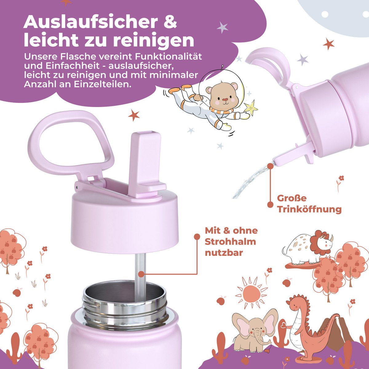 Thermo kinderdrinkfles RVS - hond & kat paars