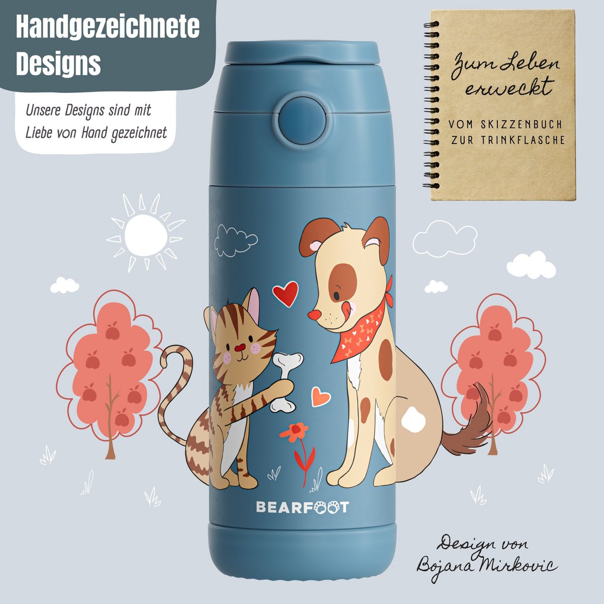 Thermo kinderdrinkfles RVS - hond & kat blauw
