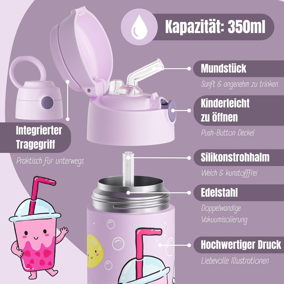 Thermo kinderdrinkfles RVS - BubbleTea paars