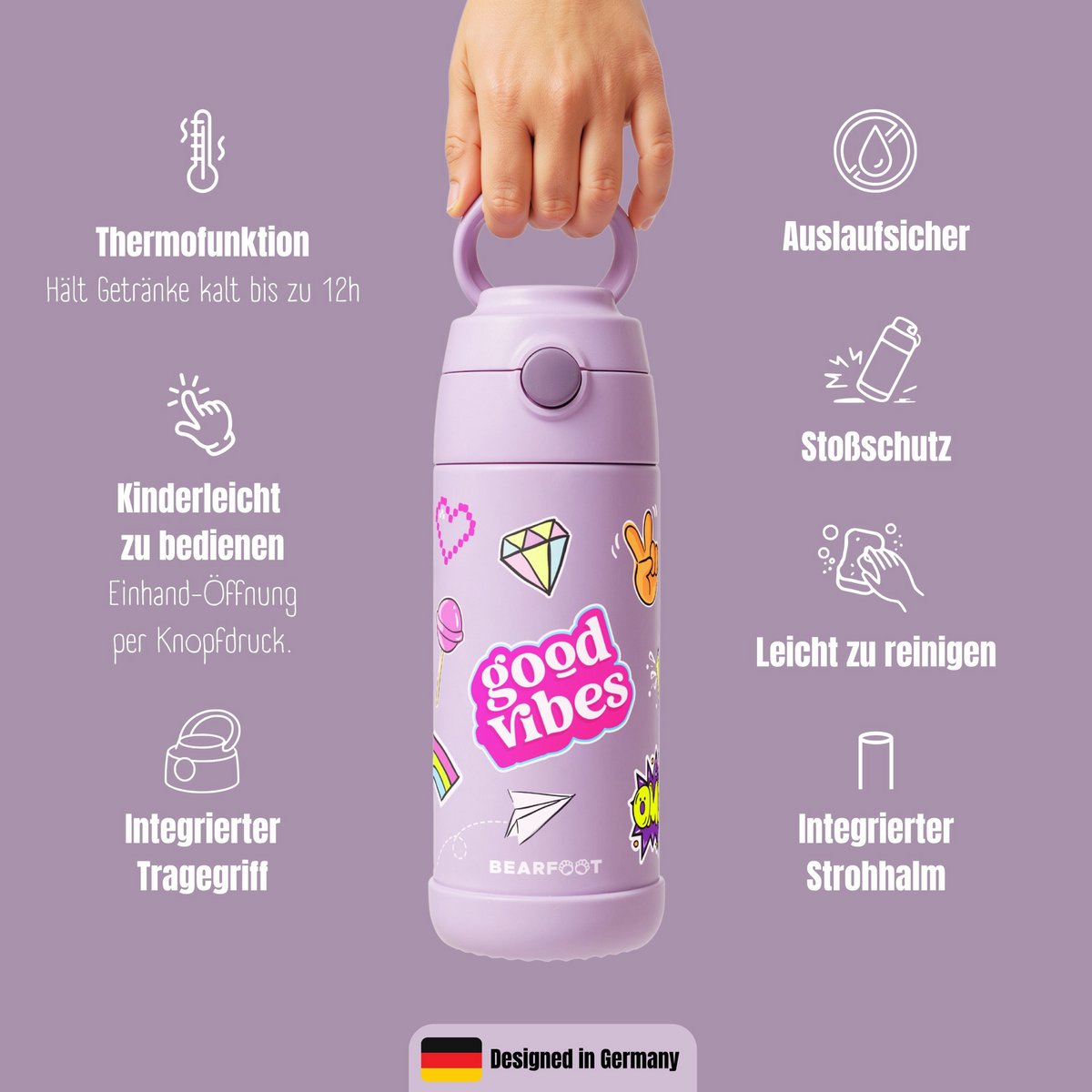 Thermo kinderdrinkfles RVS - sticker paars