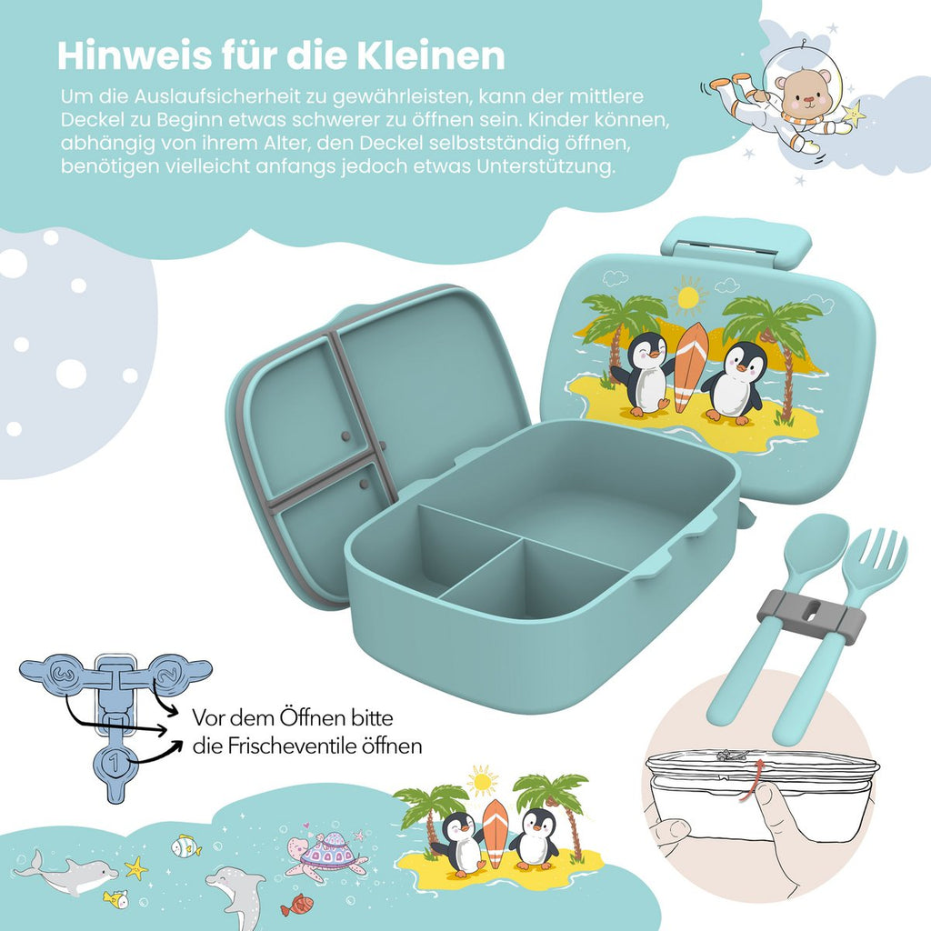 Kinderlunchbox met vakken, licht en lekvrij - pinguïn