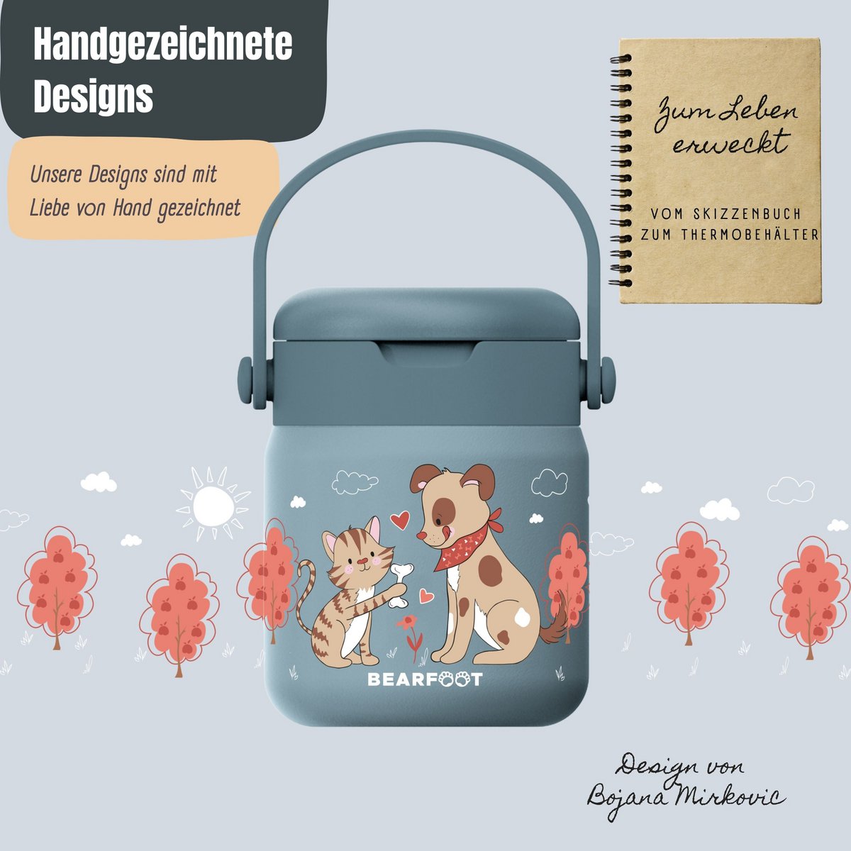Thermocontainer kinder RVS - hond & kat blauw