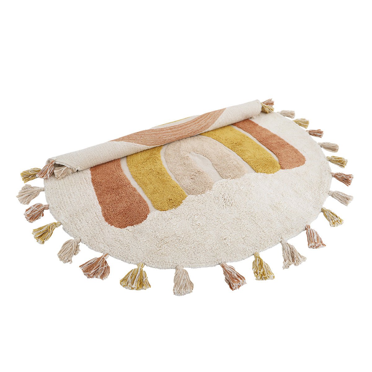 Wasbaar katoenen kindervloerkleed in regenboogkleuren met RAINBOW TOFFEE pompons