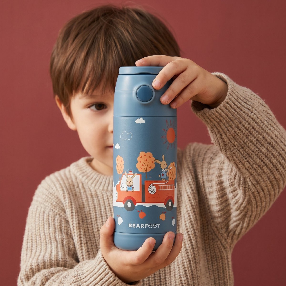 Thermo kinderdrinkfles RVS - brandweer konijn blauw