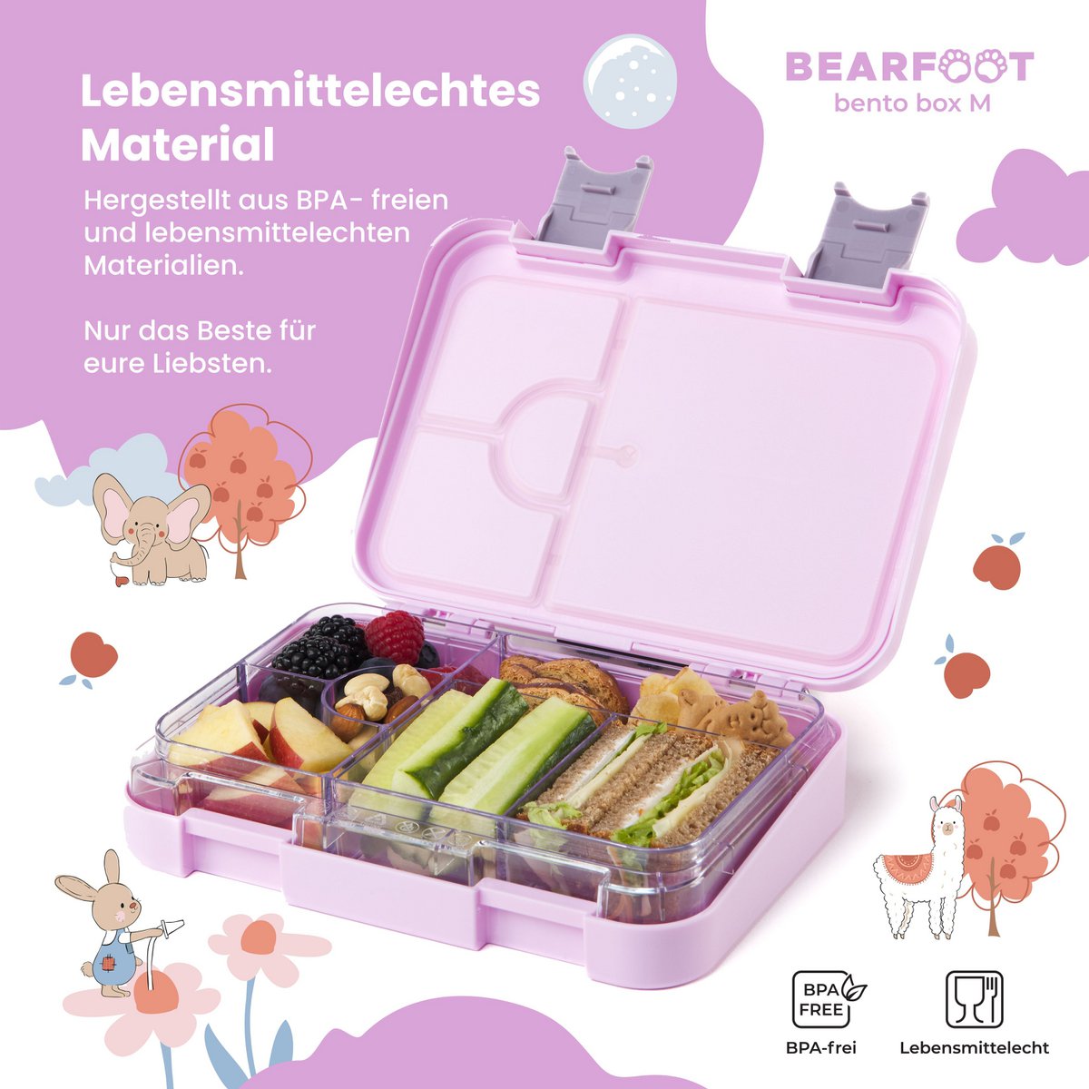 Kinderlunchbox met vakken, lunchbox - hond & kat paars