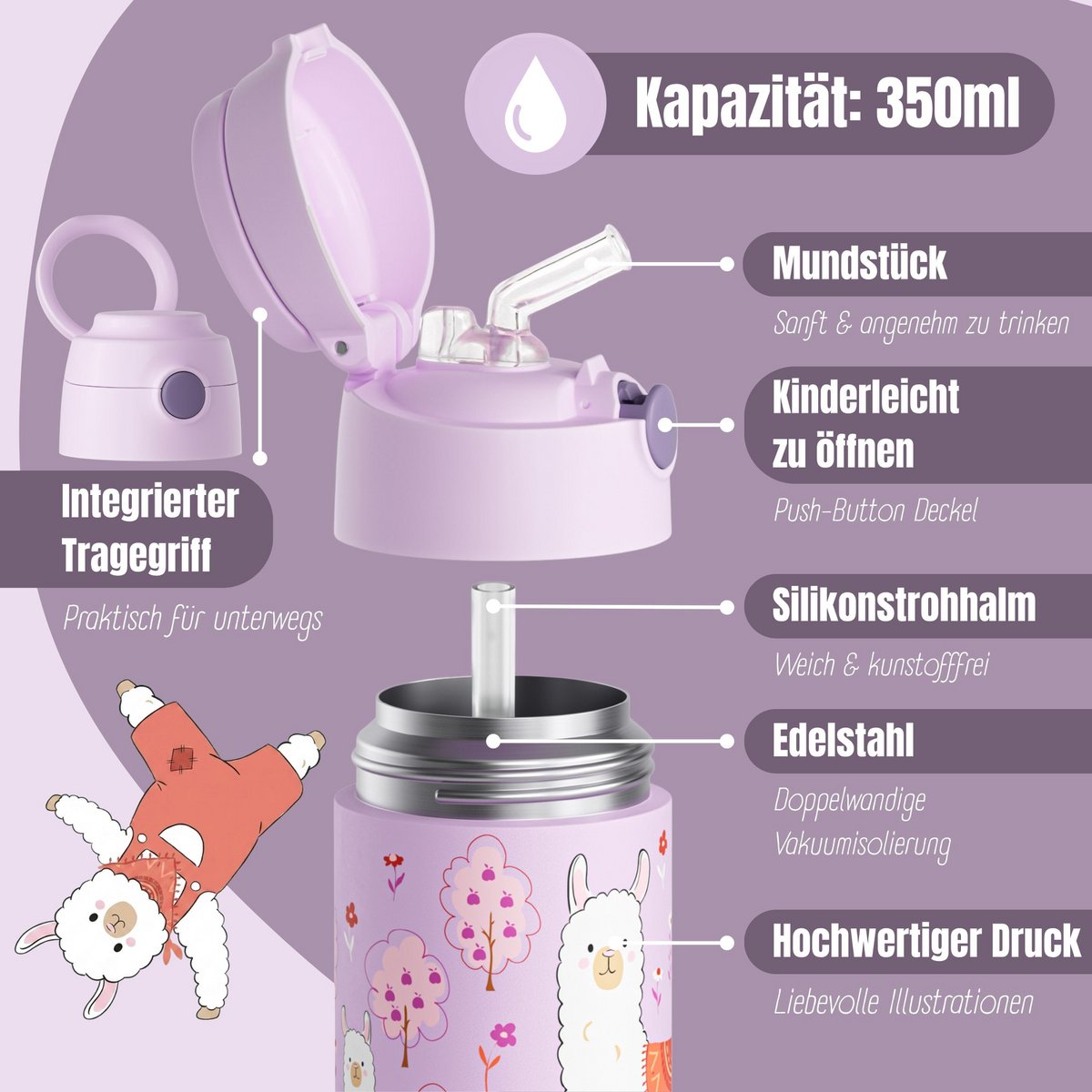 Thermo kinderdrinkfles RVS - lama paars