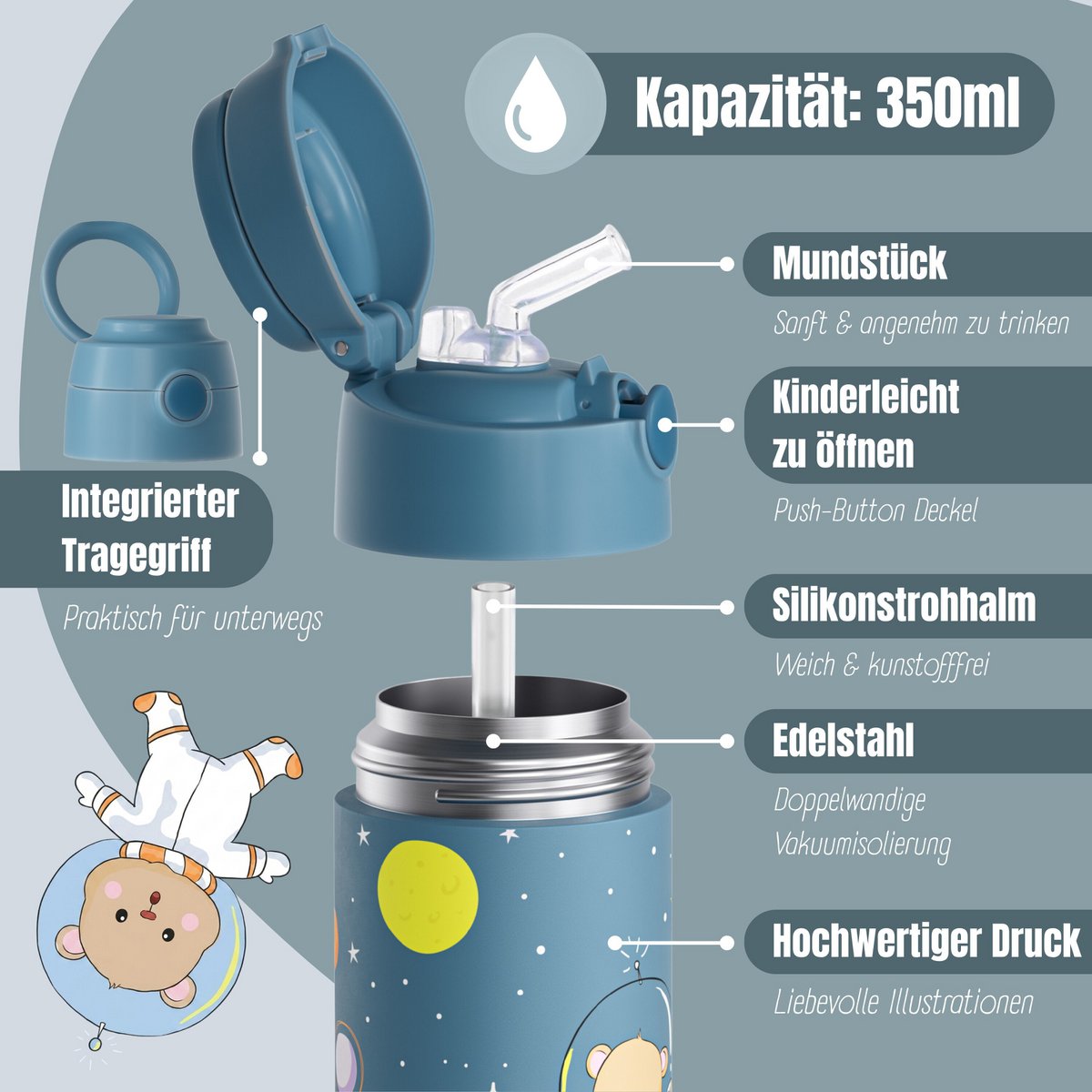 Thermo kinderdrinkfles RVS - Astro Beer blauw