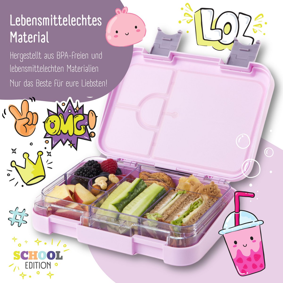 Kinderlunchbox met vakken, lunchbox - sticker paars