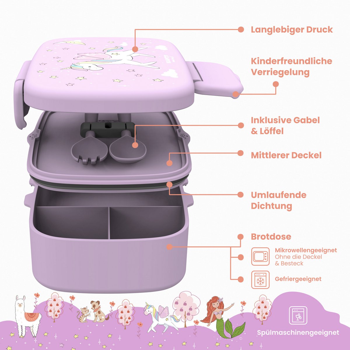 Kinderlunchbox met vakken, licht en lekvrij - eenhoorn