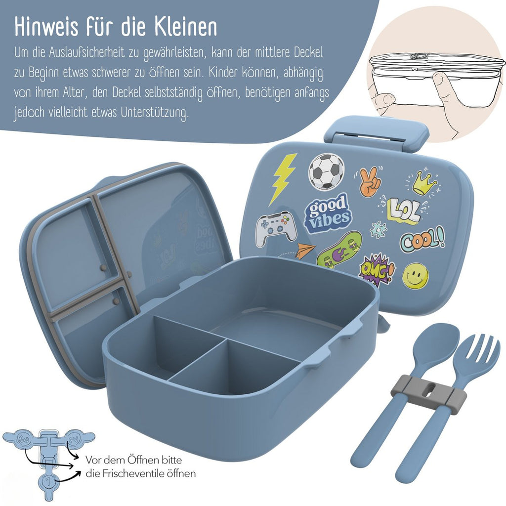 Kinderlunchbox met vakken, lekvrij - sticker, blauw
