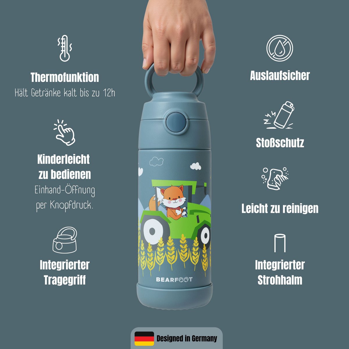 Thermo kinderdrinkfles RVS - tractorvos blauw
