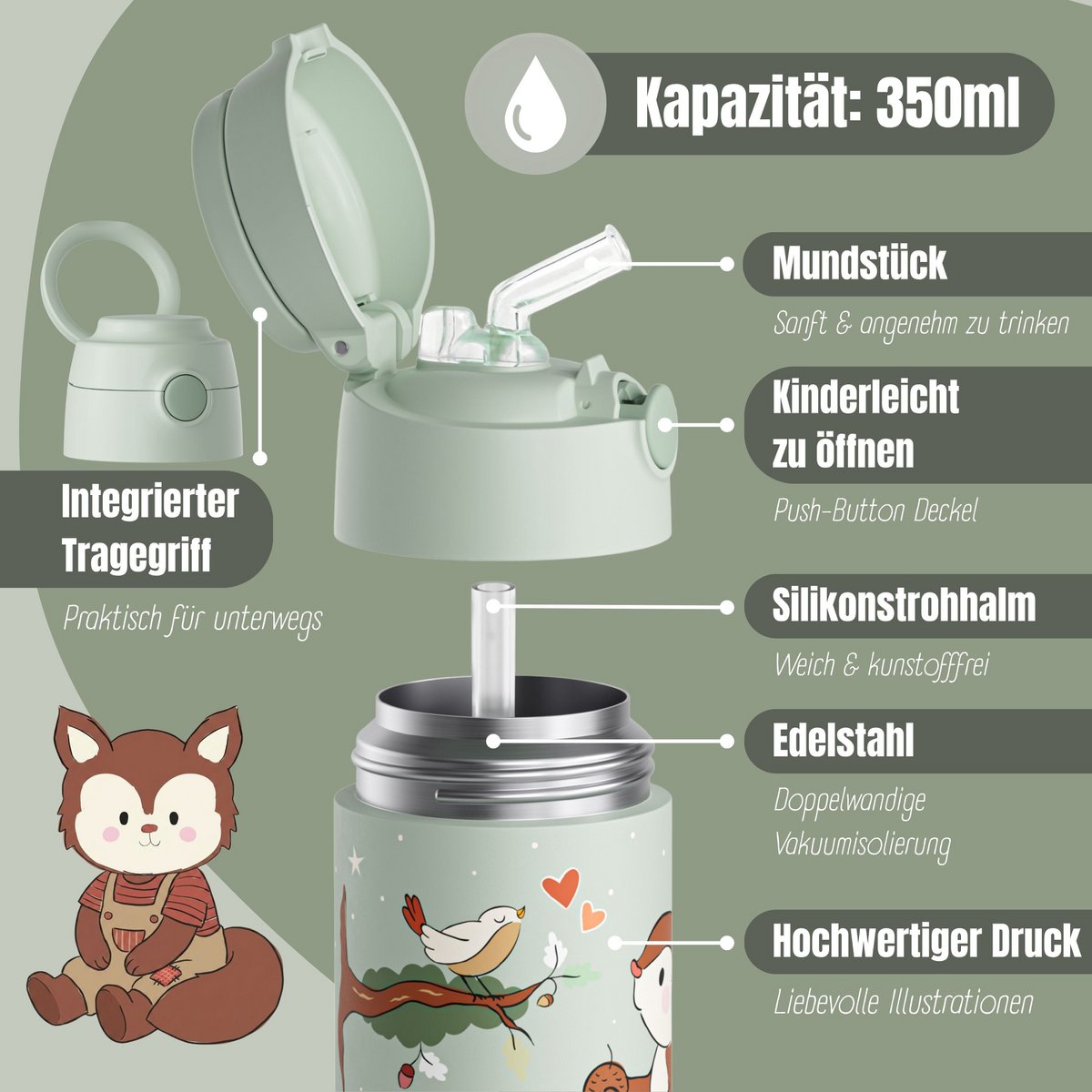 Thermo kinderdrinkfles RVS - eekhoorngroen