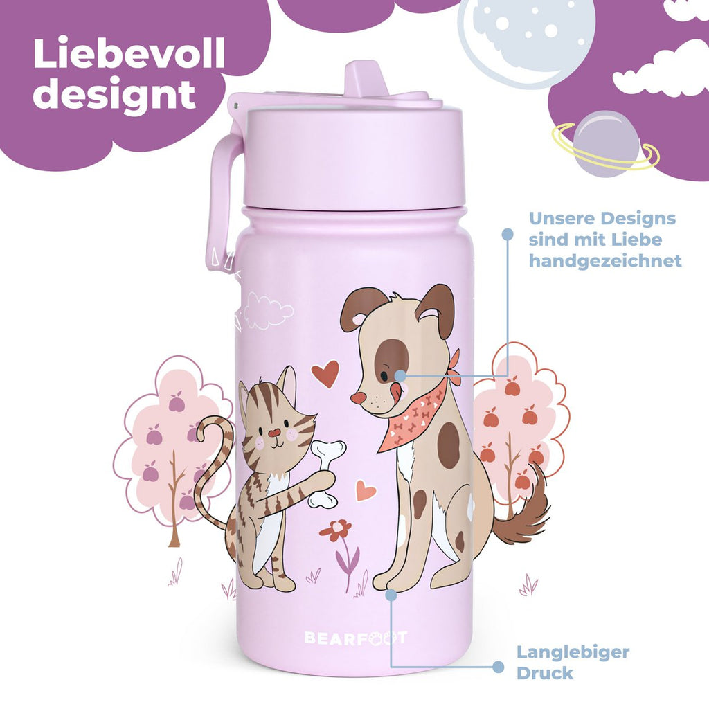 Thermo kinderdrinkfles RVS - hond & kat paars
