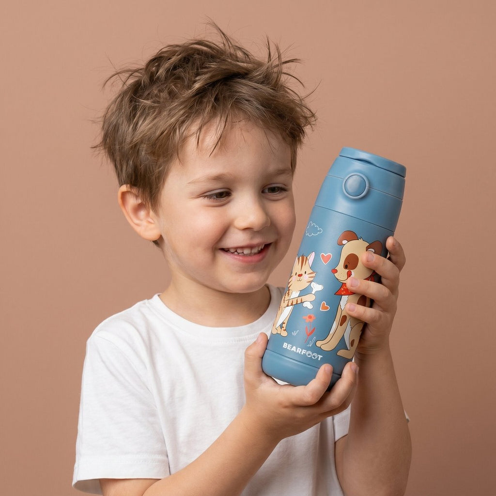 Thermo kinderdrinkfles RVS - hond & kat blauw