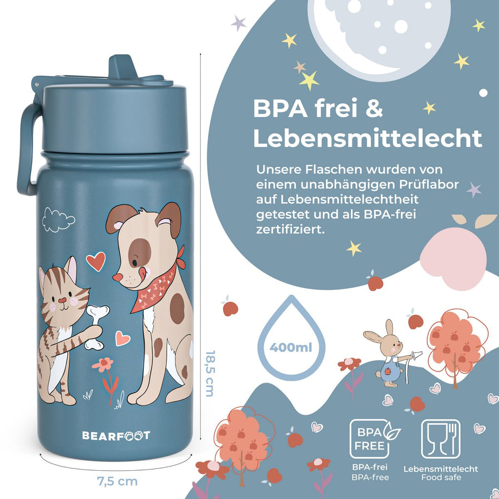 Thermo kinderdrinkfles RVS - hond & kat blauw