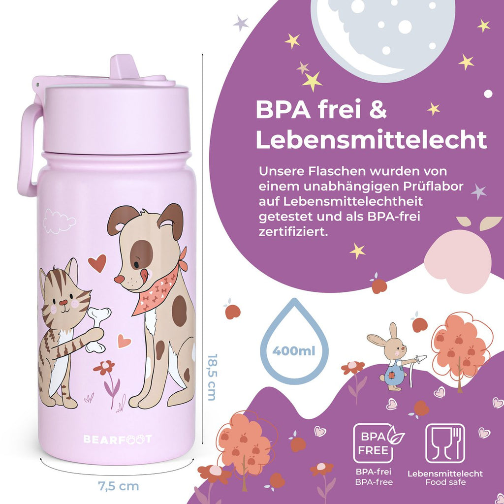 Thermo kinderdrinkfles RVS - hond & kat paars