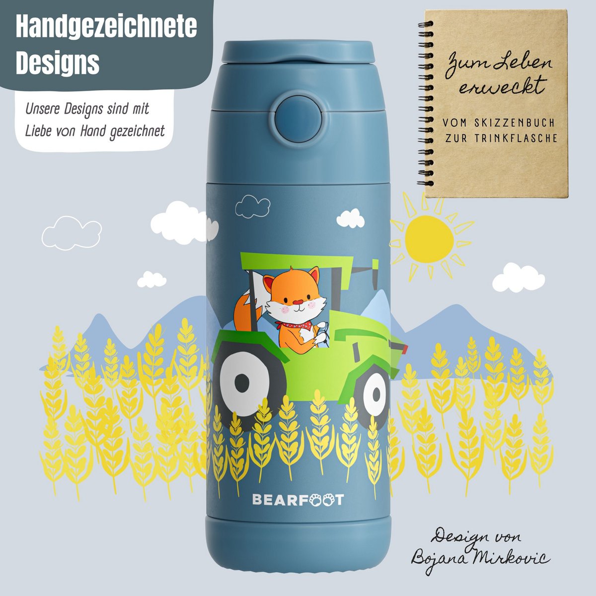 Thermo kinderdrinkfles RVS - tractorvos blauw