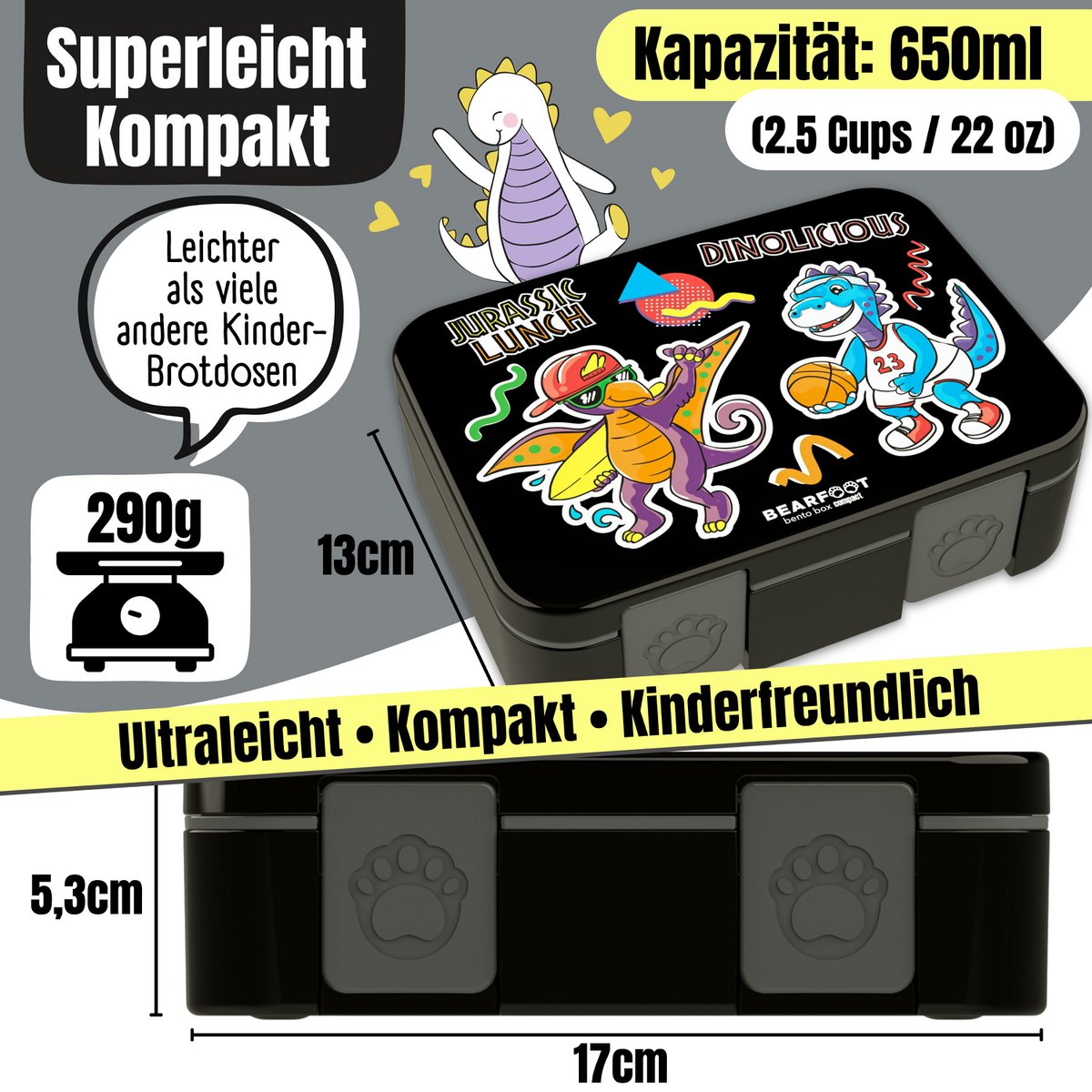 Leaf kan met compartimenten, licht en lek -proof - dinosaal zwart