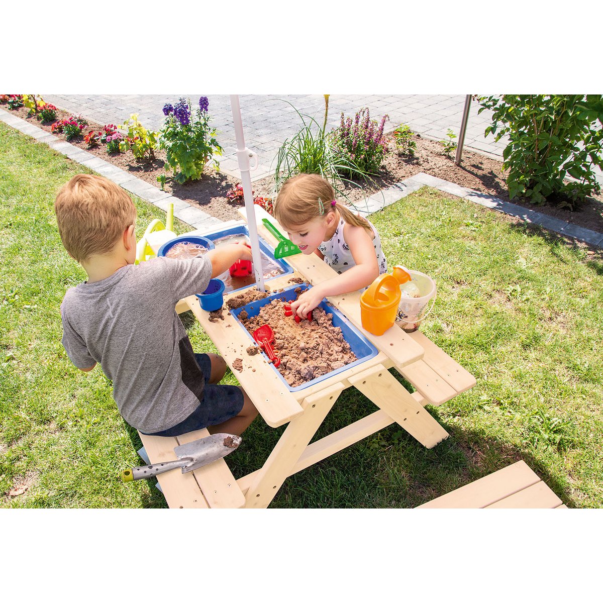 Pinolino Kinderpicknickbank Nicki voor 4 – met Zand- & Waterbak – Naturel