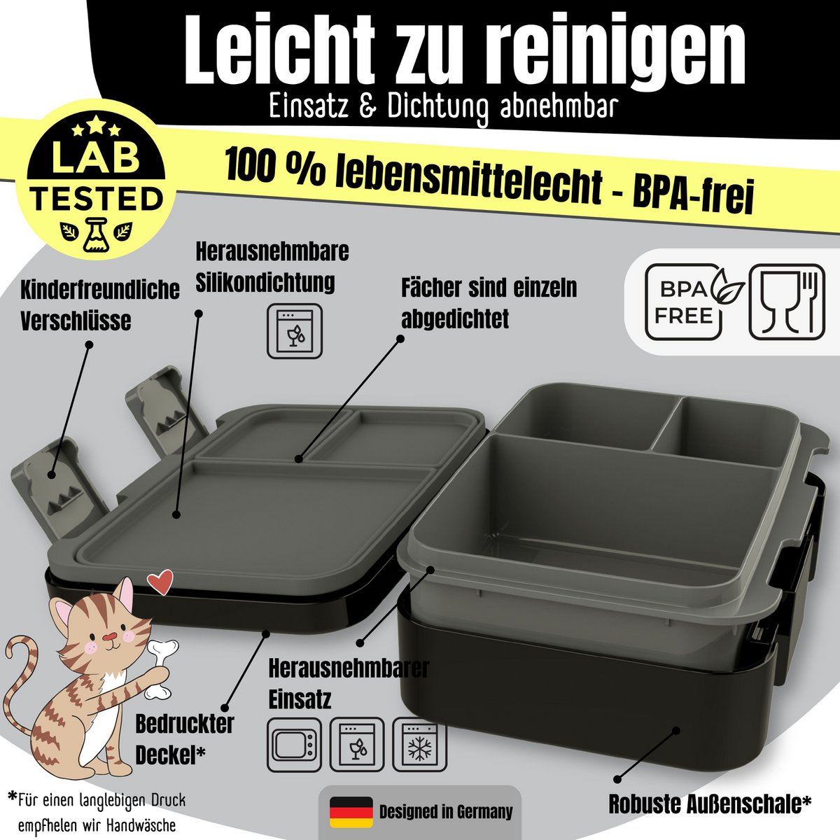Leaf kan met compartimenten, licht en lek -proof - dinosaal zwart