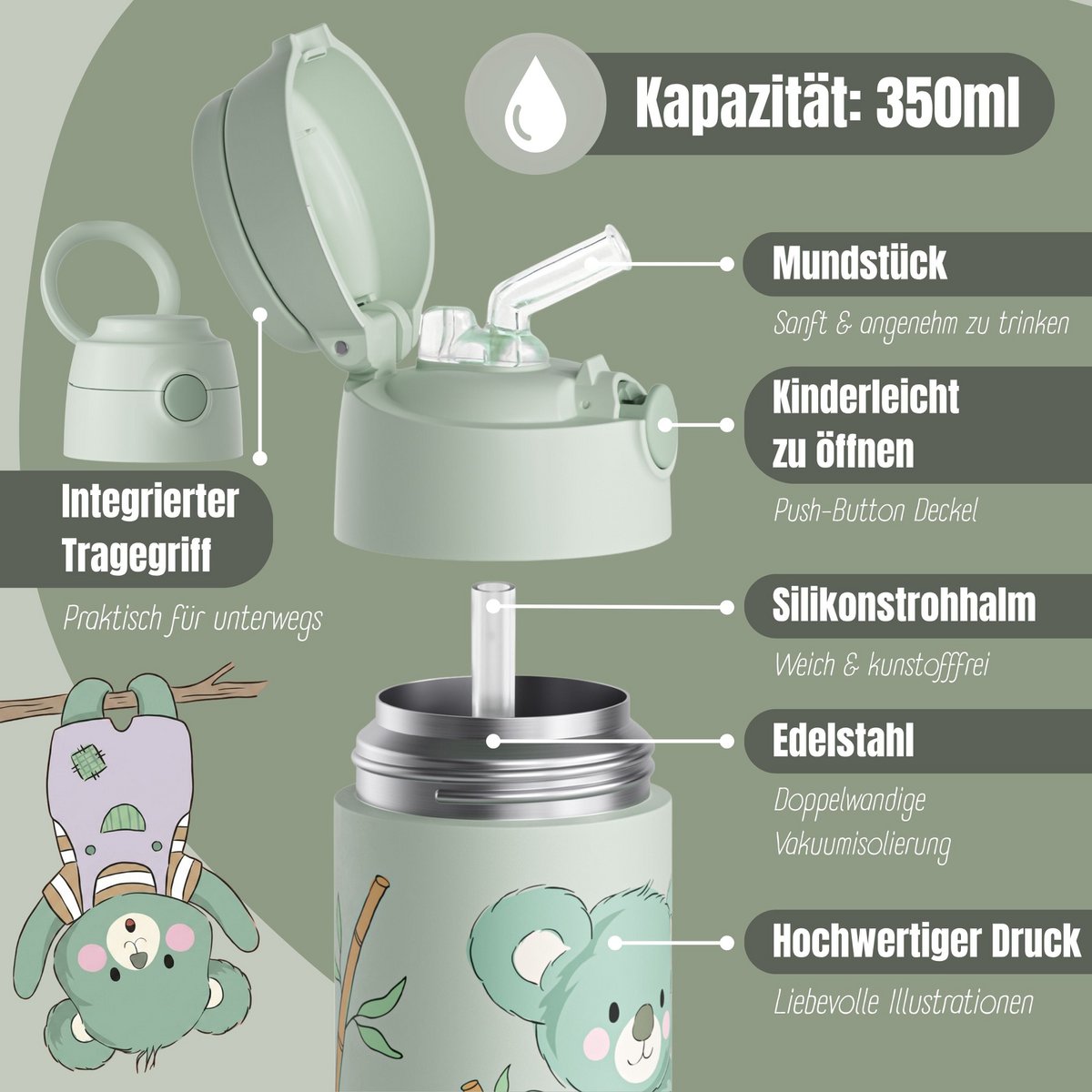 Thermo kinderdrinkfles RVS - Koala groen