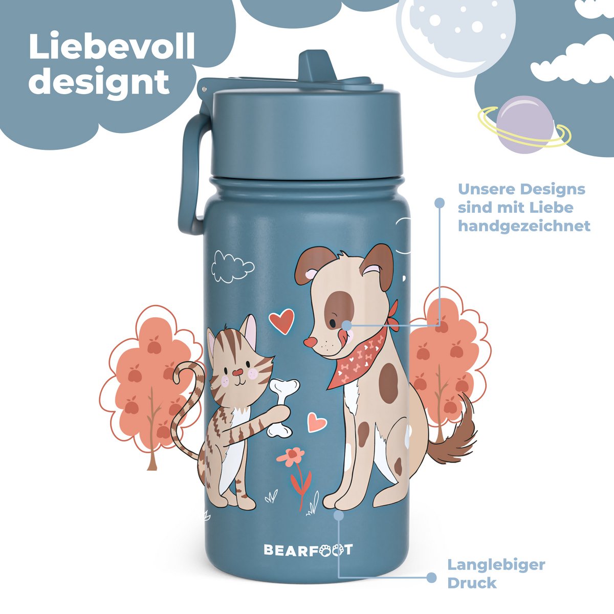Thermo kinderdrinkfles RVS - hond & kat blauw