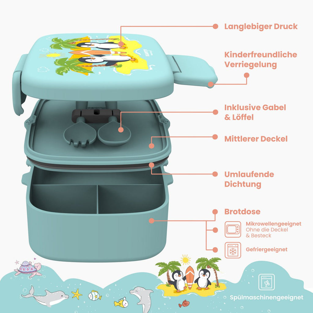 Kinderlunchbox met vakken, licht en lekvrij - pinguïn