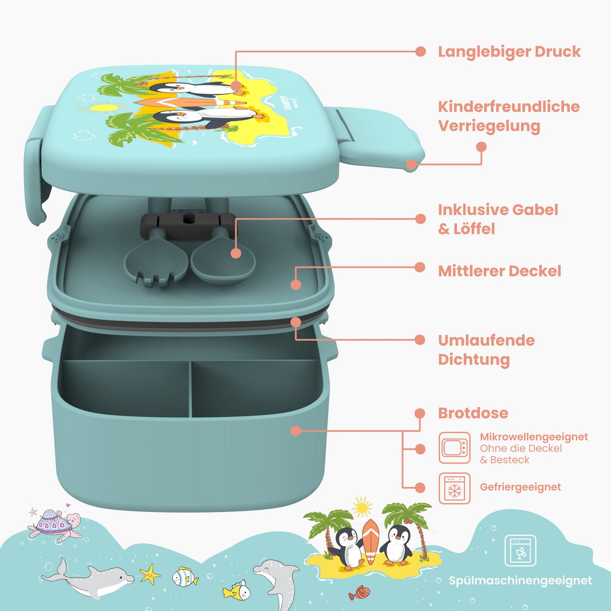 Kinderlunchbox met vakken, licht en lekvrij - pinguïn