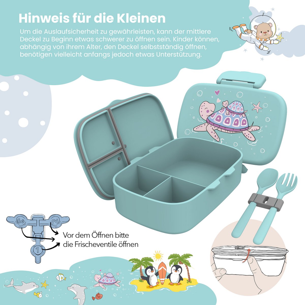 Kinderlunchbox met vakken, licht en lekvrij - schildpad