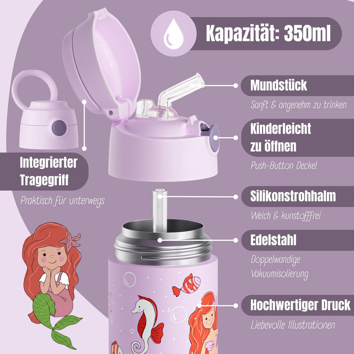 Thermo kinderdrinkfles RVS - zeemeermin paars