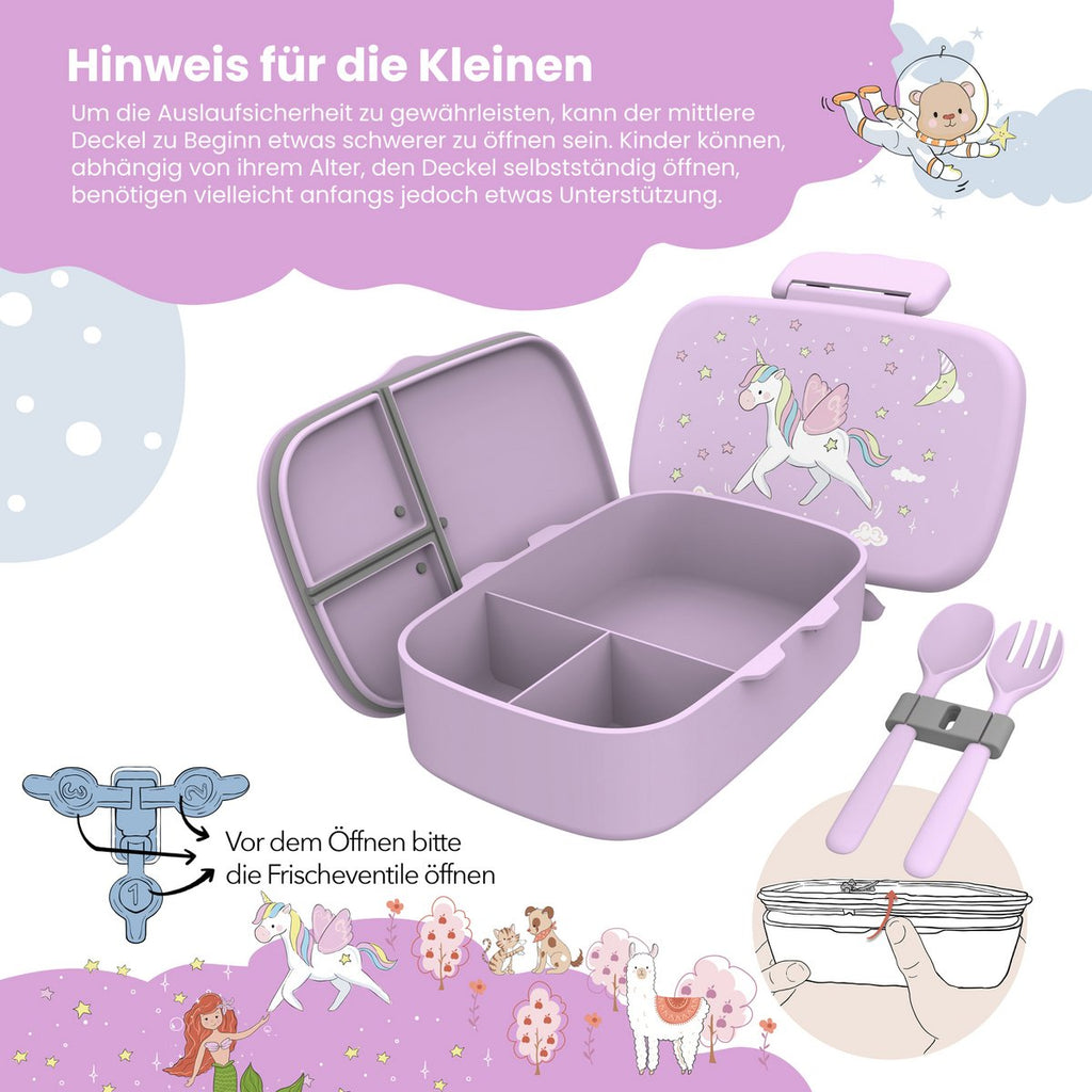 Kinderlunchbox met vakken, licht en lekvrij - eenhoorn
