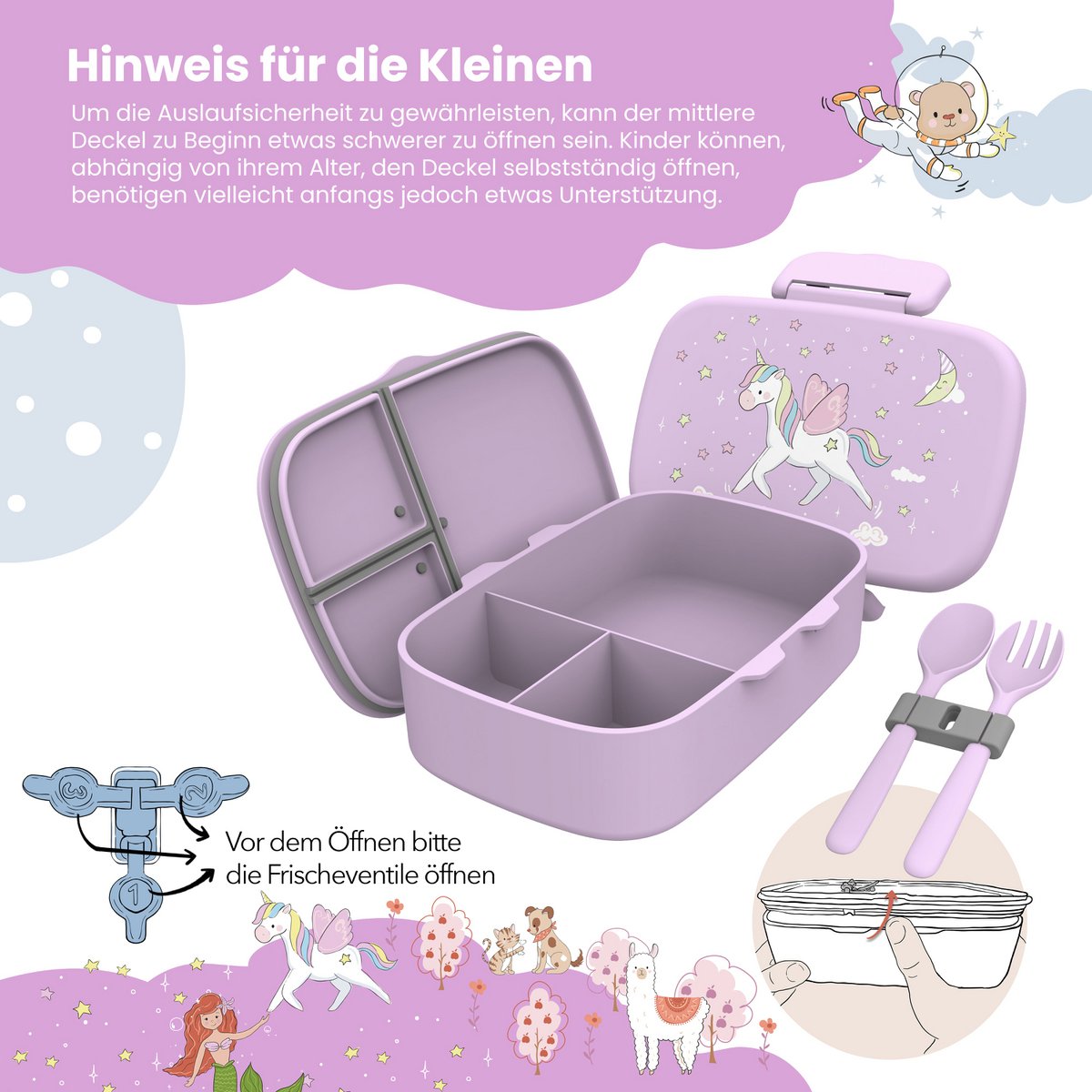 Kinderlunchbox met vakken, licht en lekvrij - eenhoorn