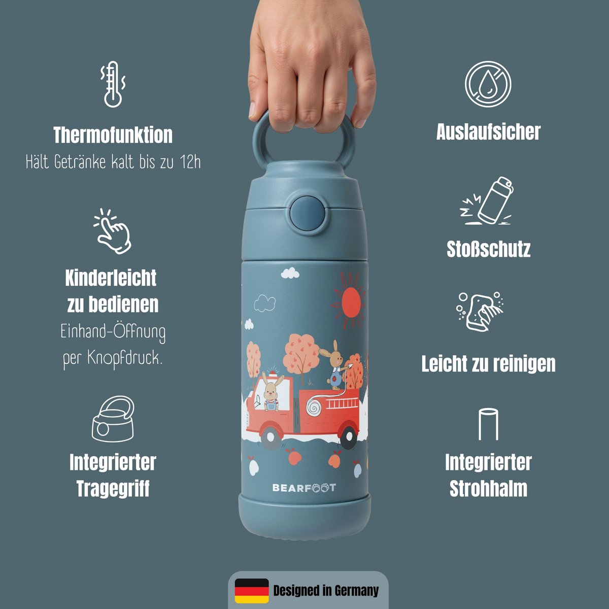 Thermo kinderdrinkfles RVS - brandweer konijn blauw