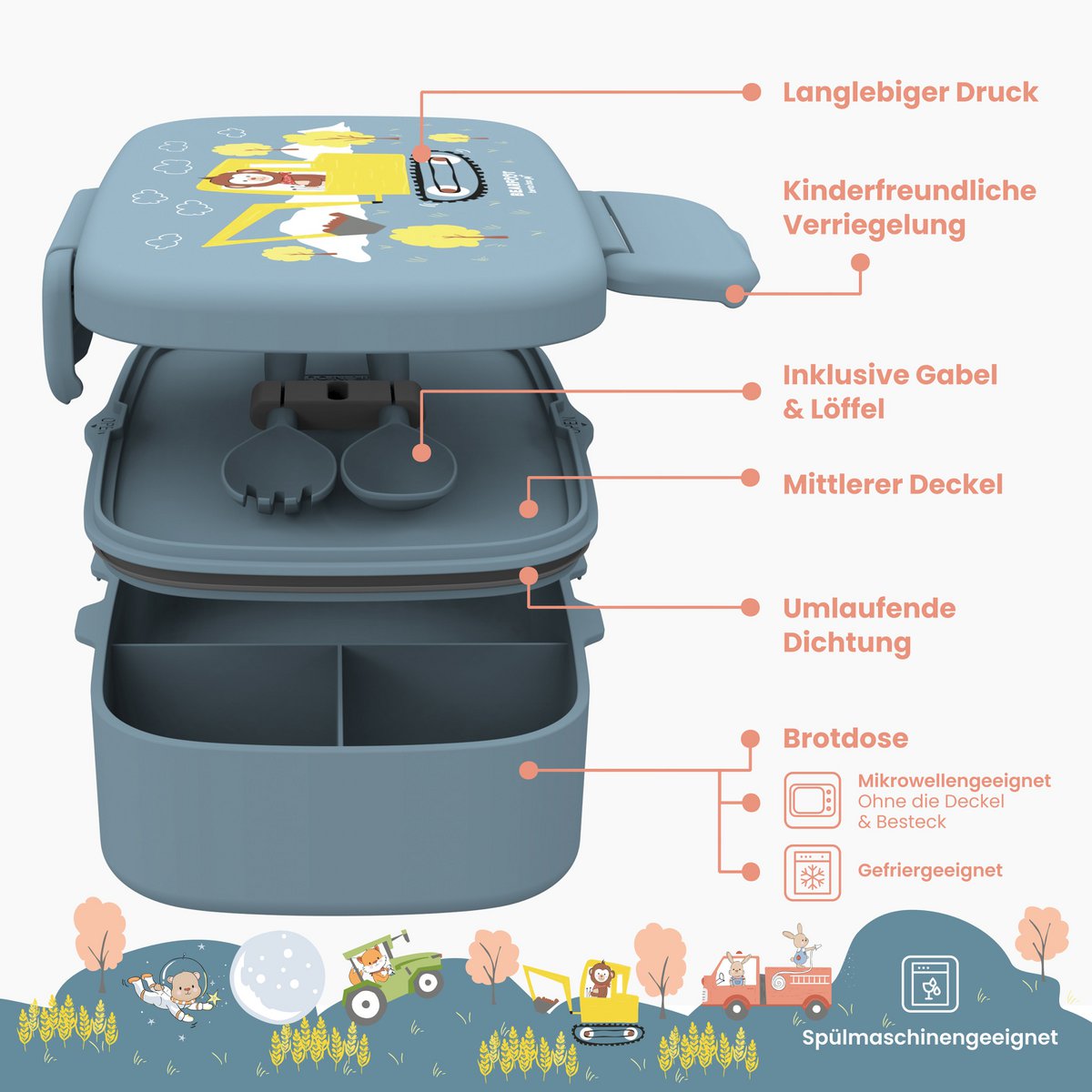 Kinderlunchbox met vakken, lichtgewicht en lekvrij - graafmachine