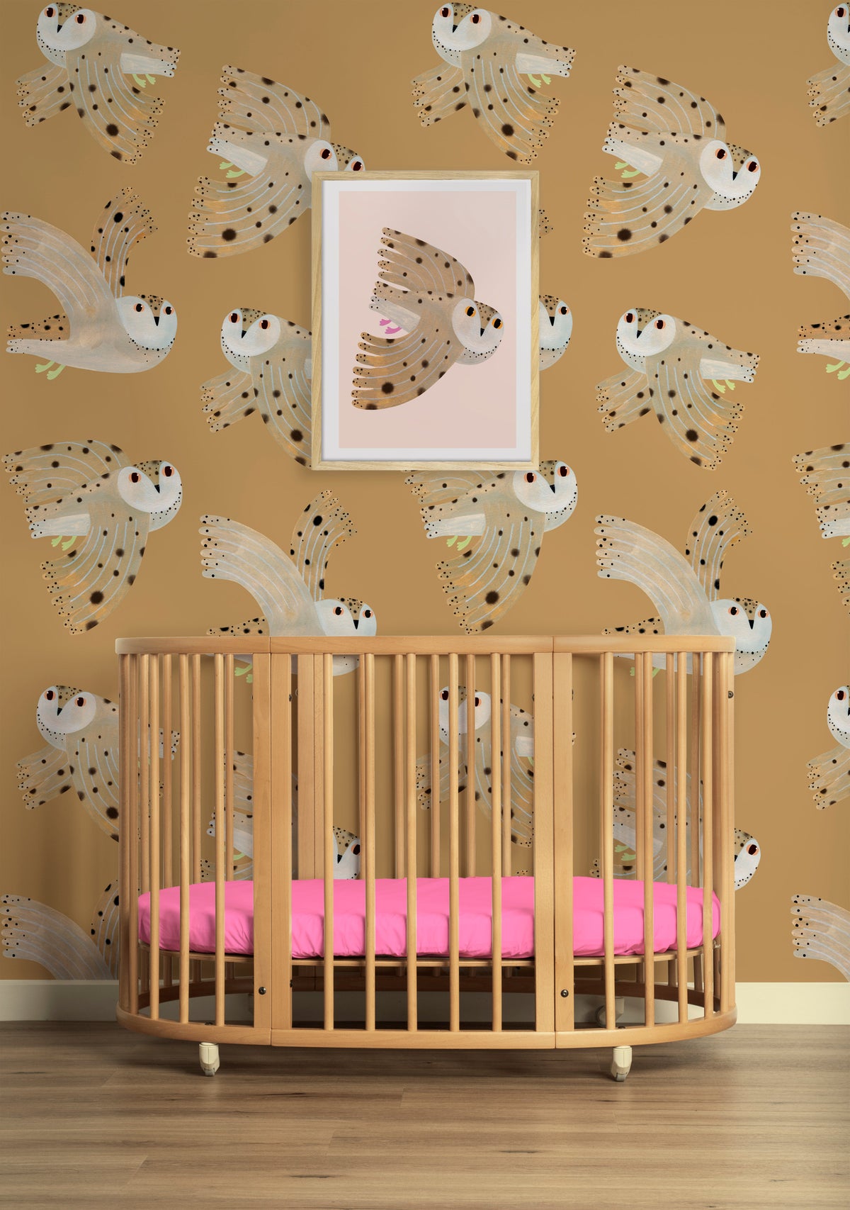 Kinderbehang Meet me at the Wall - Owl - Dusty Yellow - Aniek Bartels
