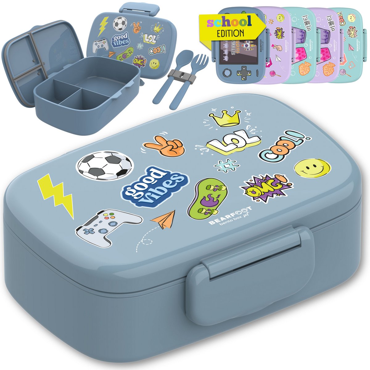 Kinderlunchbox met vakken, lekvrij - sticker, blauw