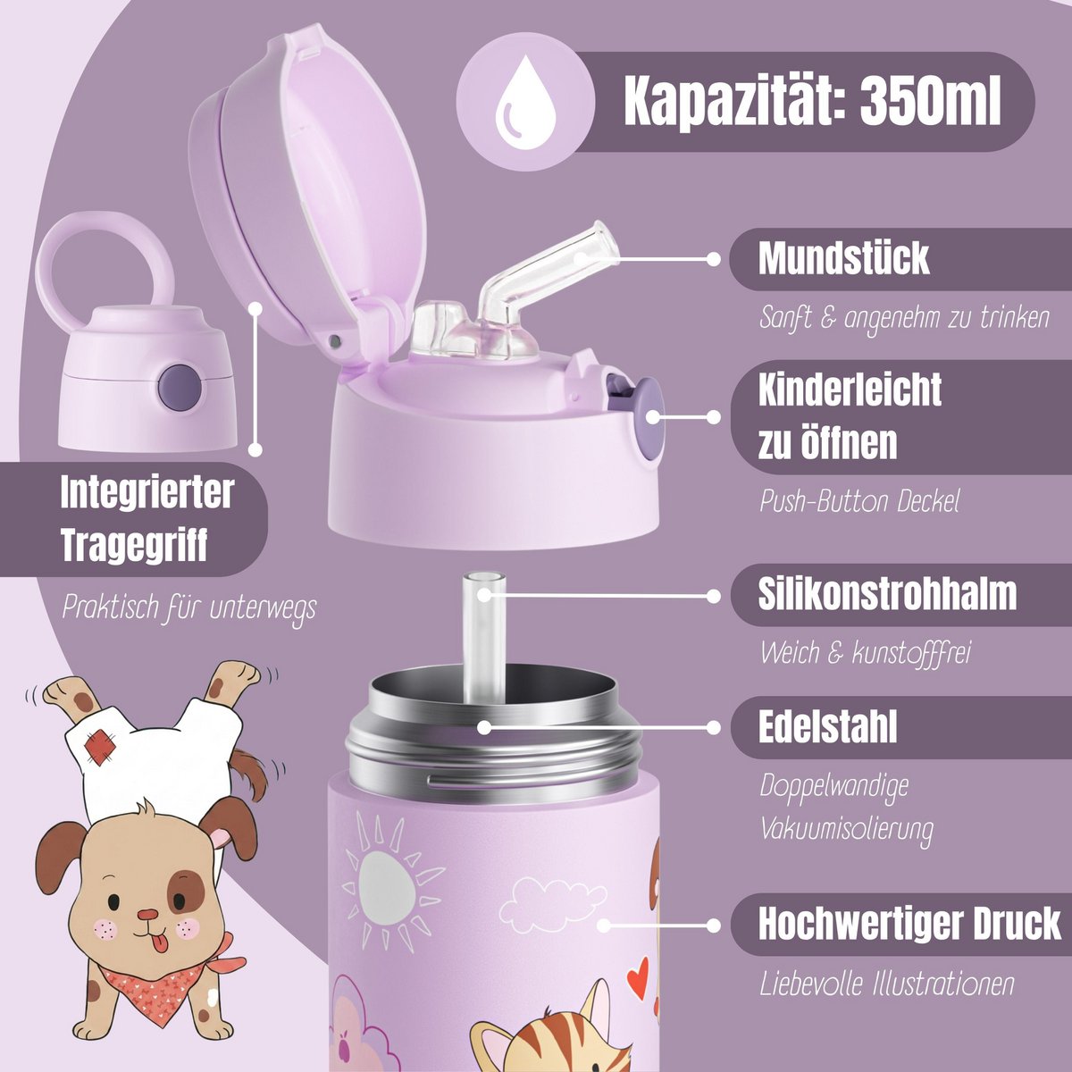 Thermo kinderdrinkfles RVS - hond & kat paars