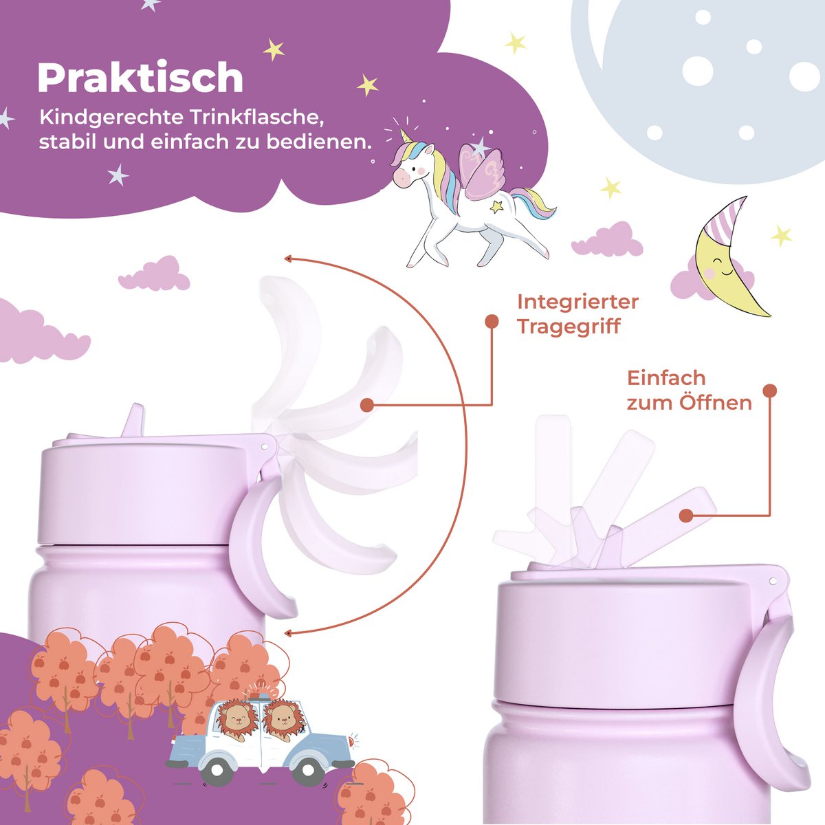 Thermo kinderdrinkfles RVS - hond & kat paars