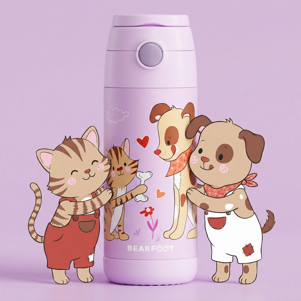 Thermo kinderdrinkfles RVS - hond & kat paars