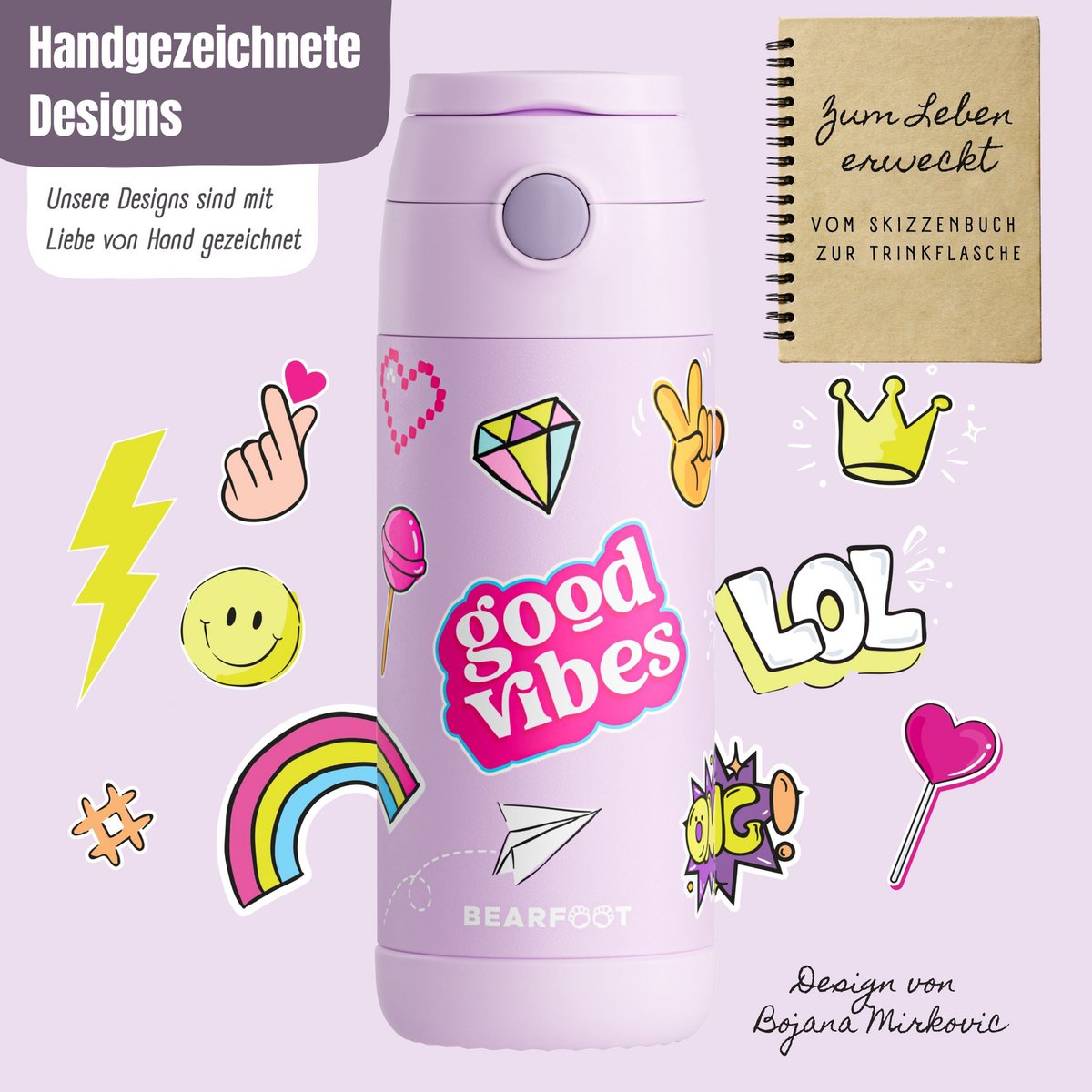 Thermo kinderdrinkfles RVS - sticker paars