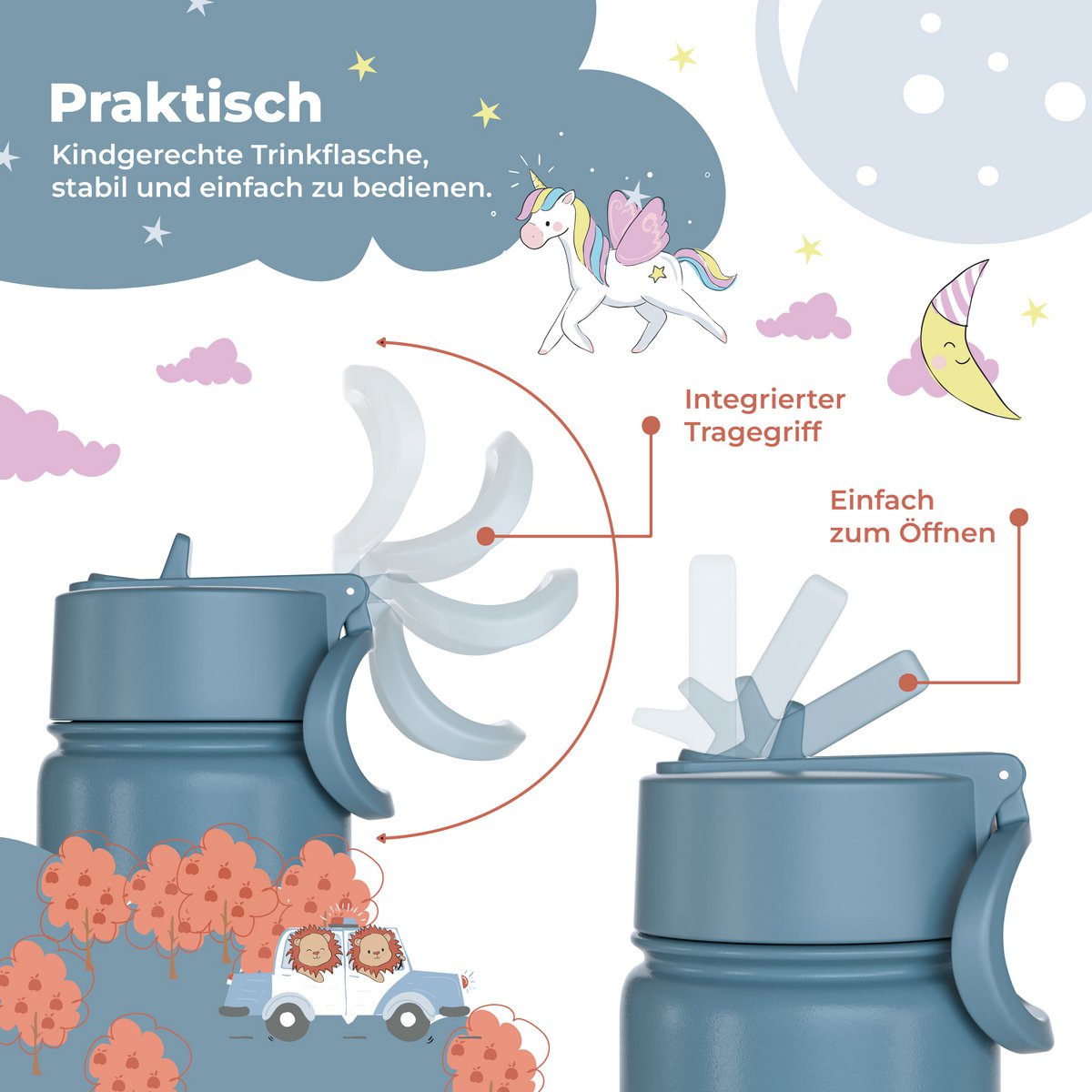 Thermo kinderdrinkfles RVS - hond & kat blauw