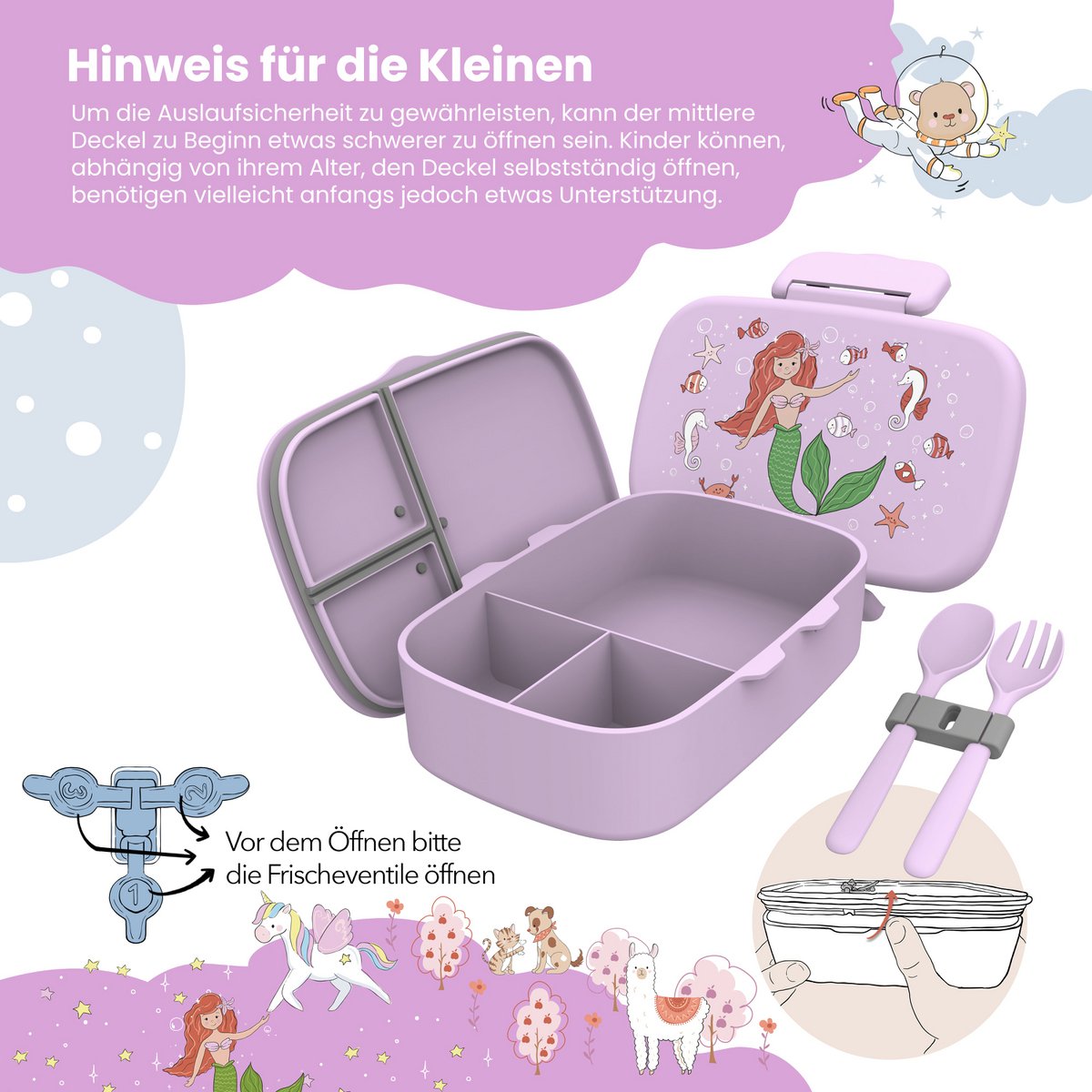 Kinderlunchbox met vakken, licht en lekvrij - zeemeermin