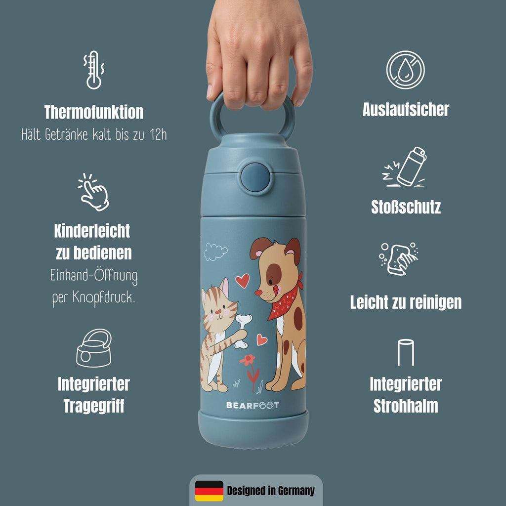 Thermo kinderdrinkfles RVS - hond & kat blauw