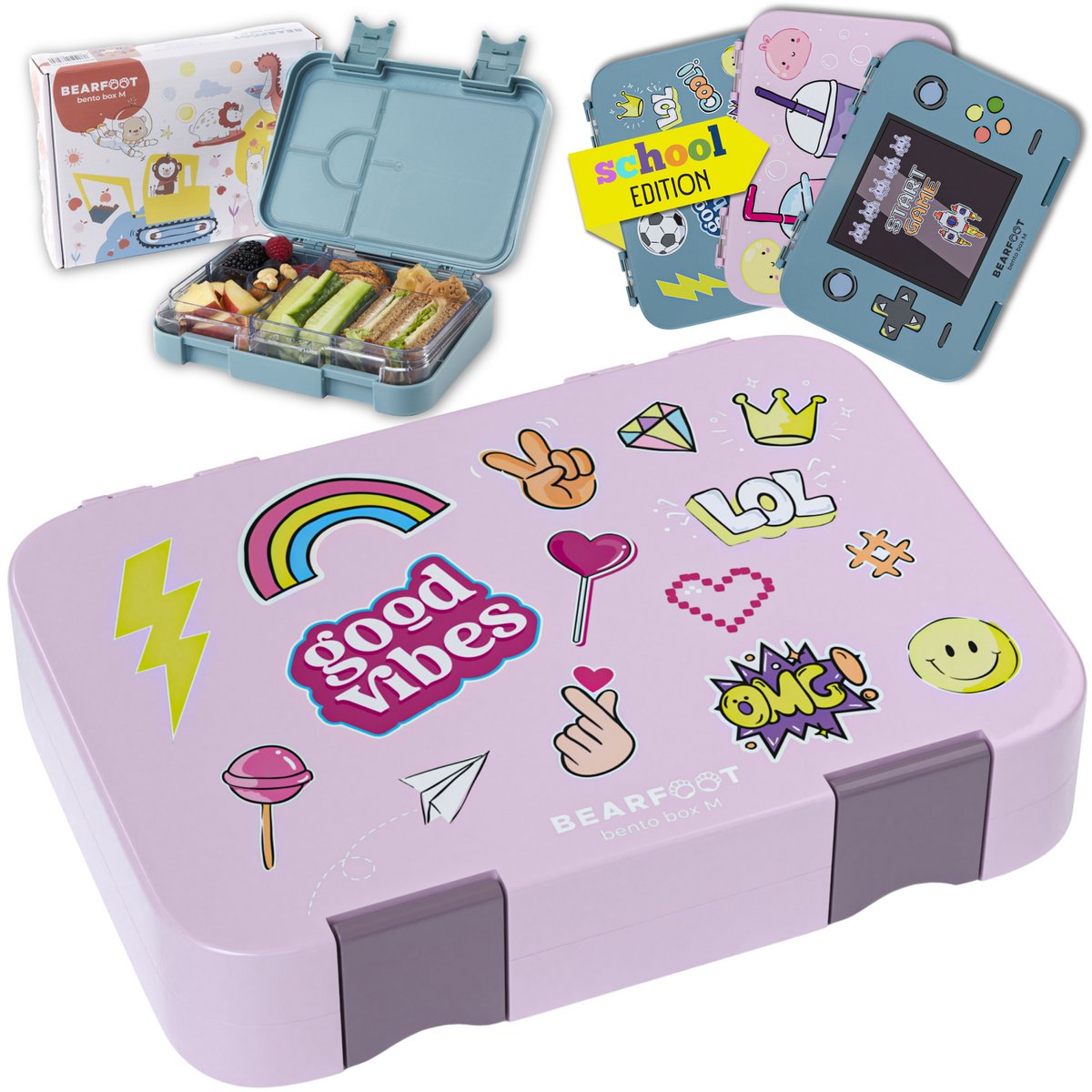 Kinderlunchbox met vakken, lunchbox - sticker paars