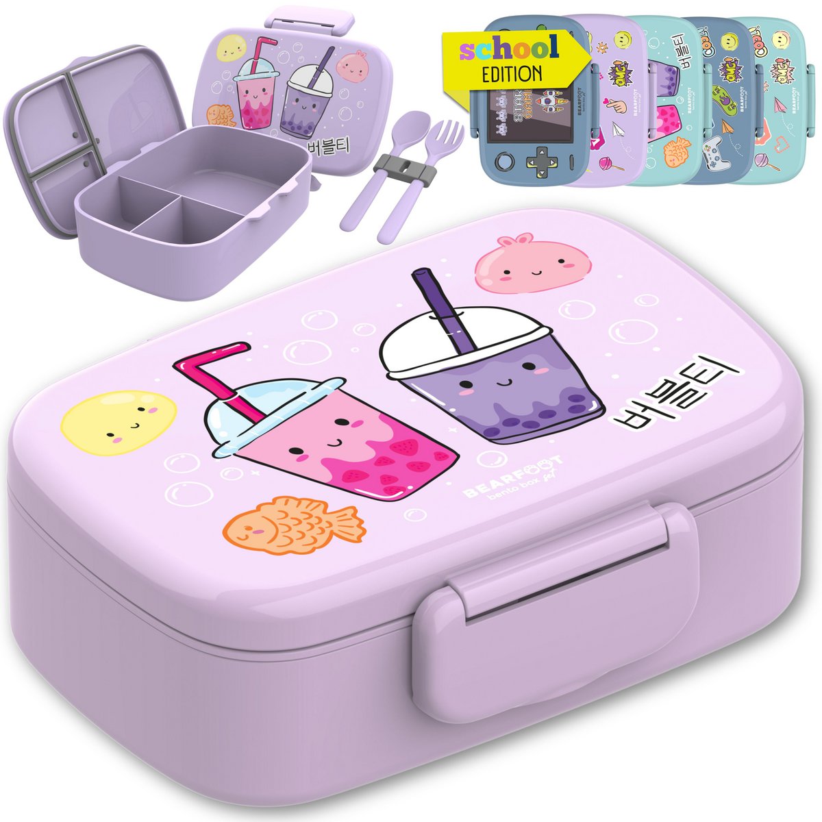 Kinderlunchbox met vakken, lekvrij - BubbleTea, paars