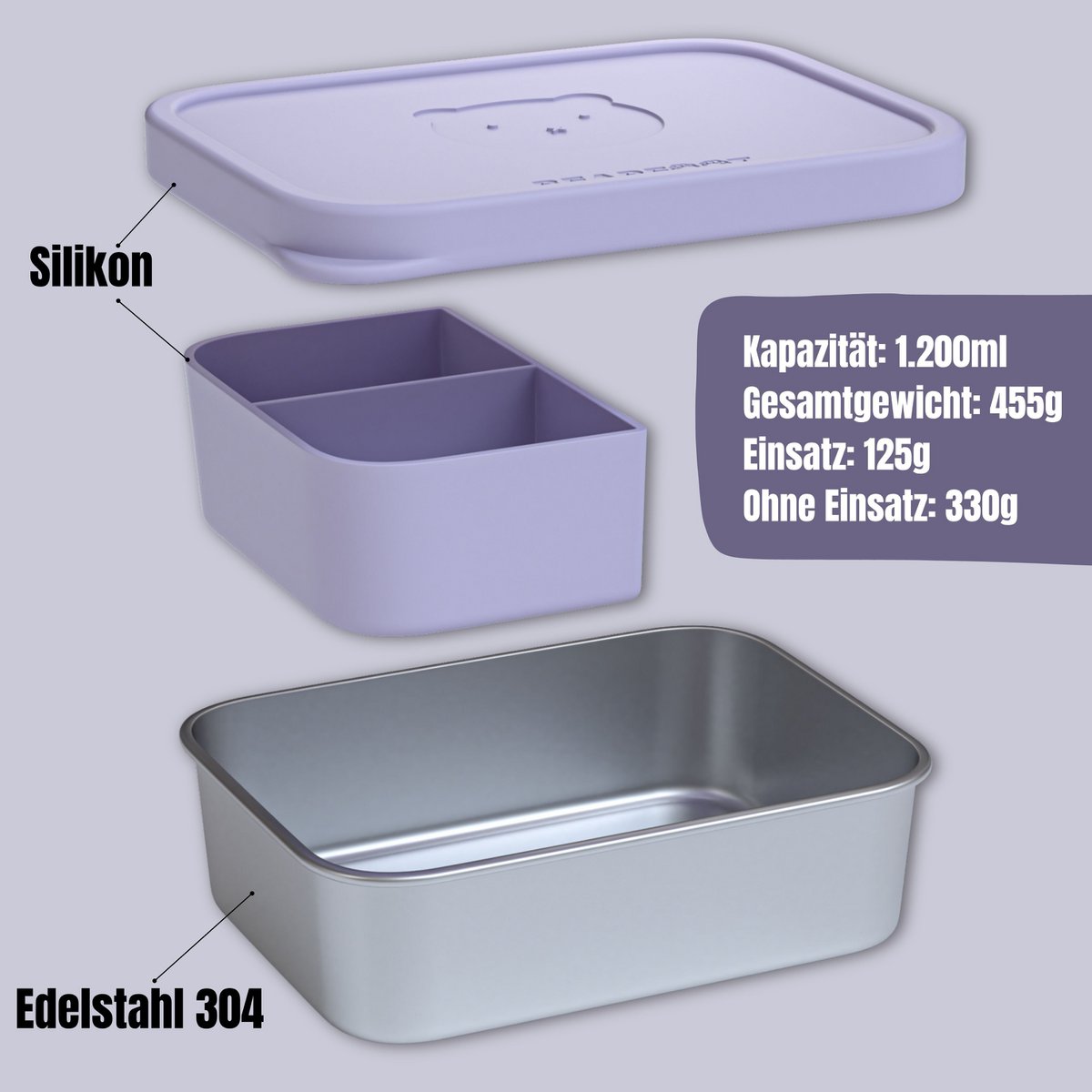 Kinderlunchbox RVS met siliconen inzetstuk - lavendel