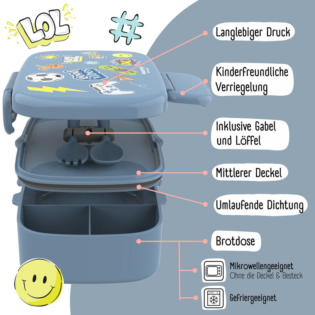 Kinderlunchbox met vakken, lekvrij - sticker, blauw