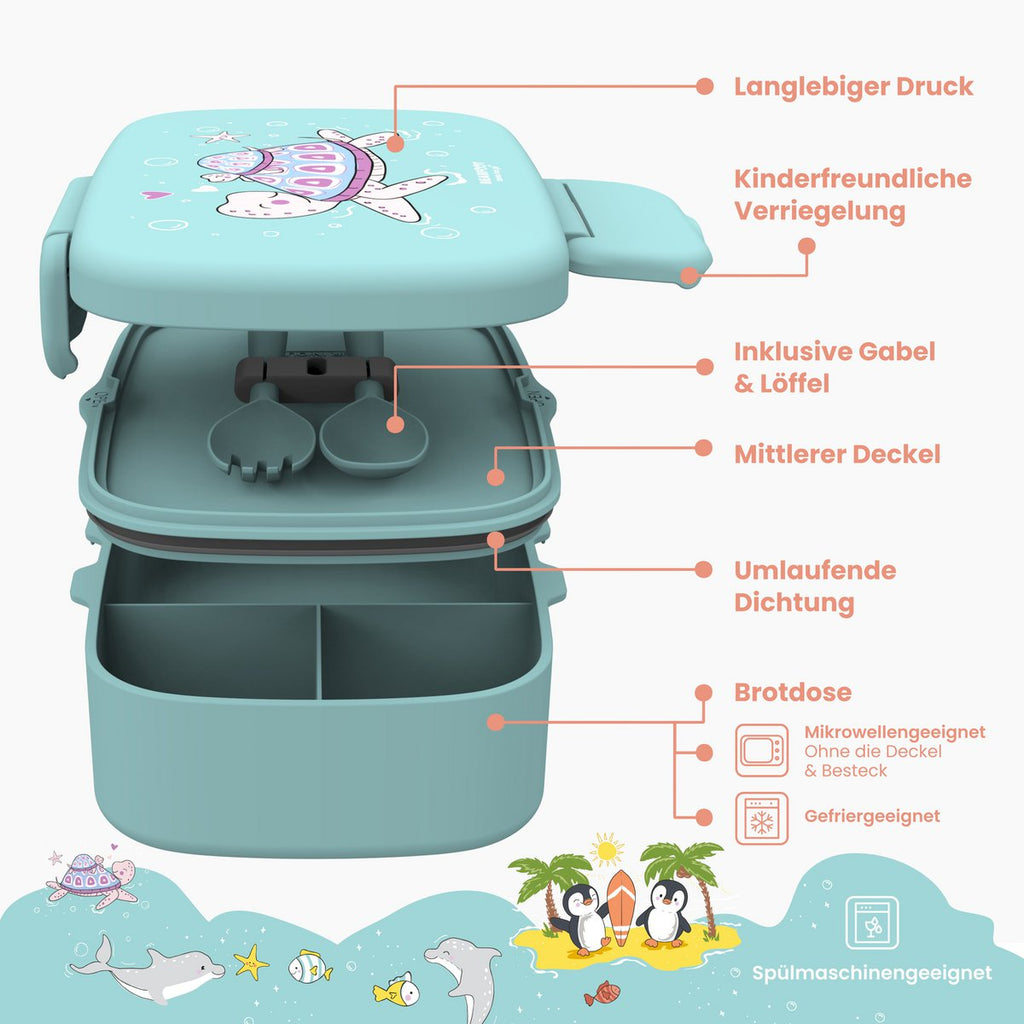Kinderlunchbox met vakken, licht en lekvrij - schildpad