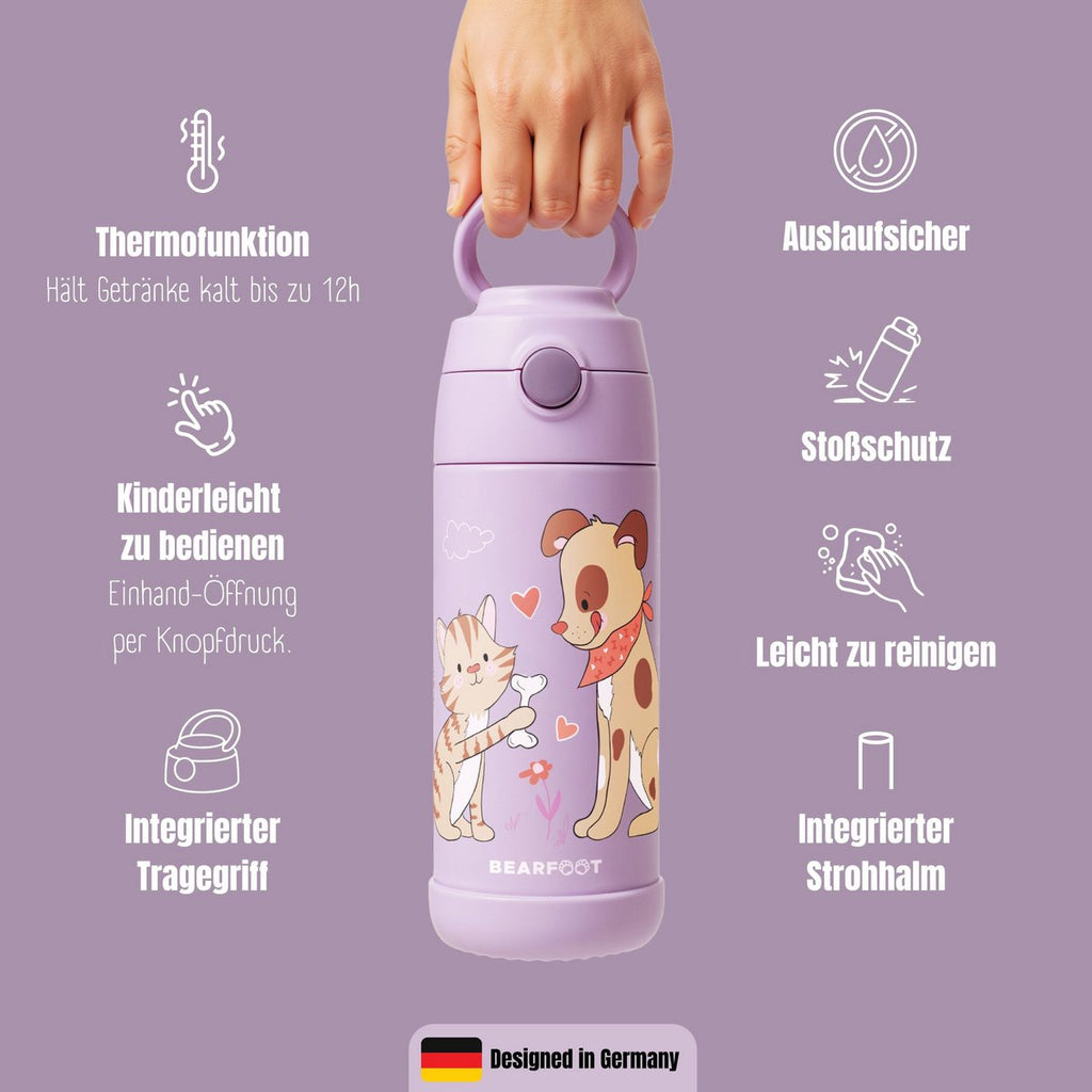 Thermo kinderdrinkfles RVS - hond & kat paars